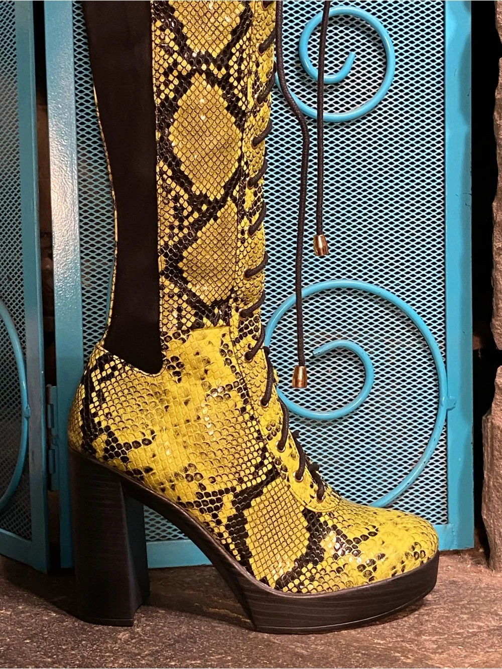 KILLSTAR Gothic Punk tall lace up boots,black/neon green snakeskin platform heel